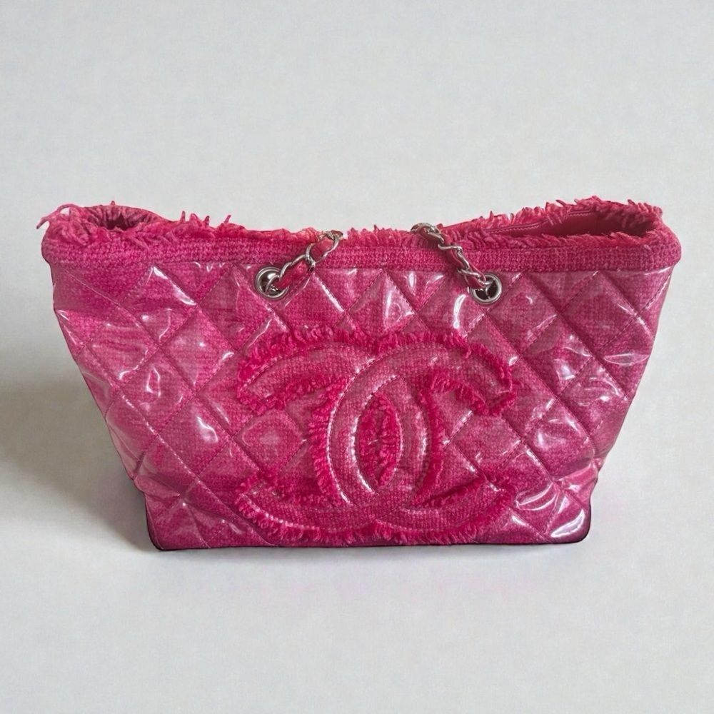 Chanel Pink Tweed Quilted Vinyl Medium Shoulder Tote Bag
